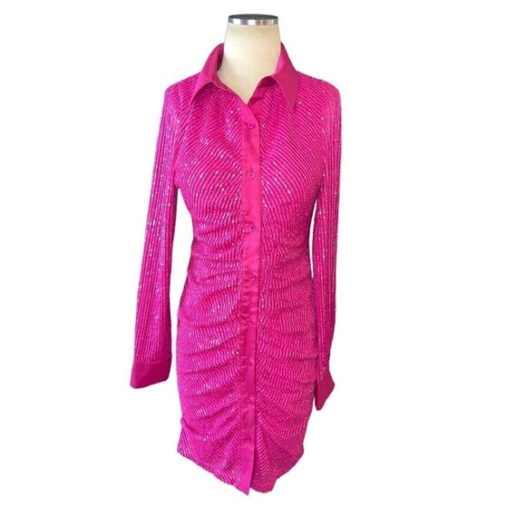 In The Mood For Love Lina Sequin Shirt Dress in Fuchsia Medium New ITMFL - Picture 5 of 15